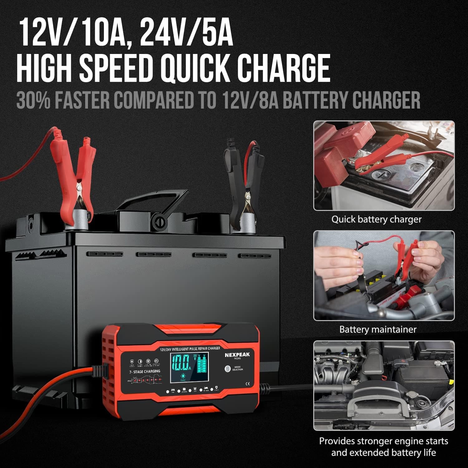 شارژر باتری خودرو NEXPEAK NC201 10A | 12V/24V، 7 مرحله‌ای و تعمیر پالس — تصویر ۵