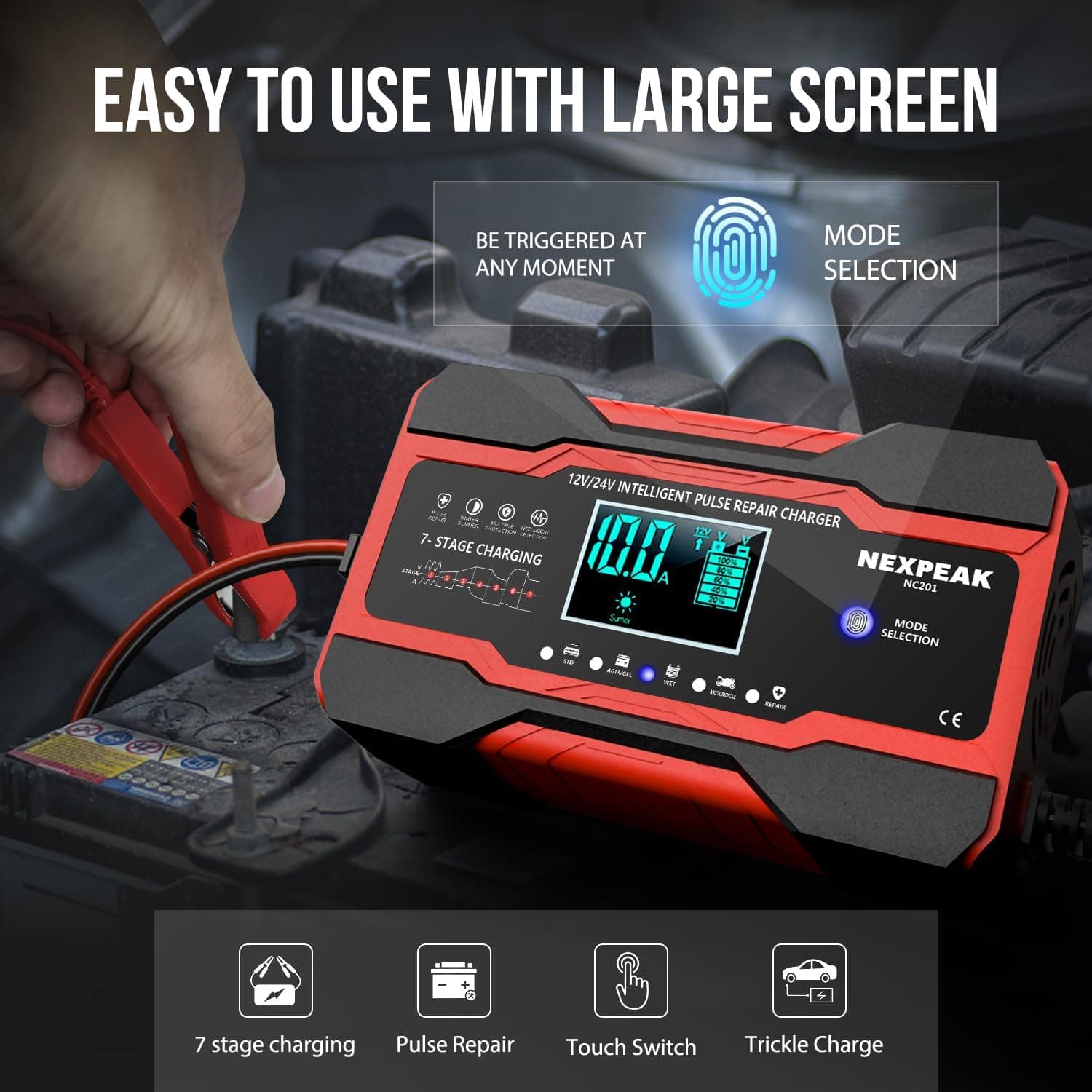 شارژر باتری خودرو NEXPEAK NC201 10A | 12V/24V، 7 مرحله‌ای و تعمیر پالس — تصویر ۴