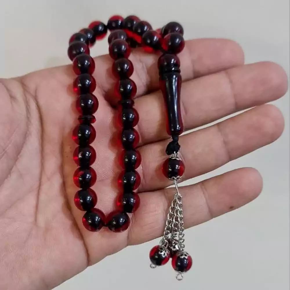 تسبیح 33 دانه زرشکی منگوله فلزی — تصویر ۳