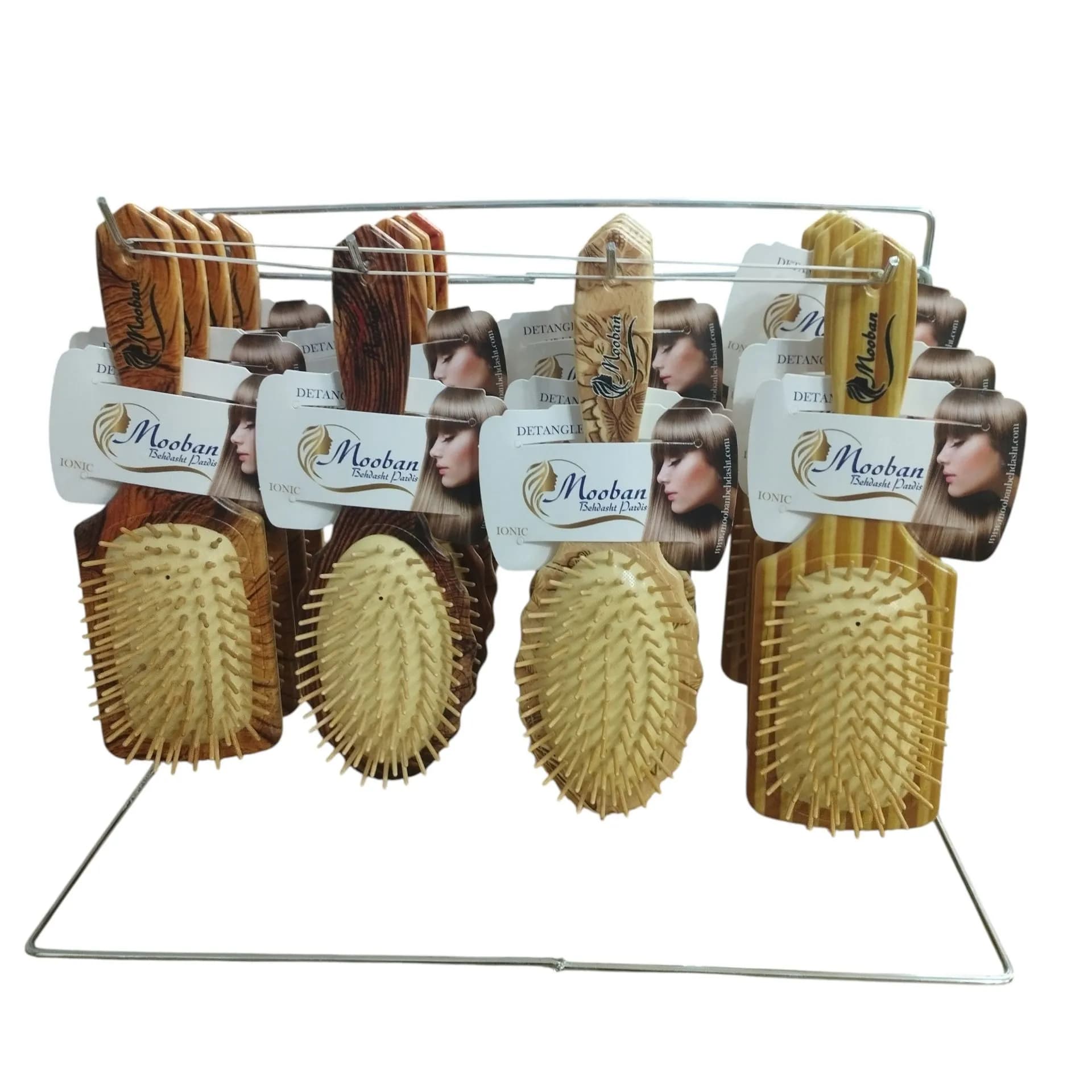 برس مو موبان مدل 401 سوزن چوبی پک 18 عددی (طرح چوب میکس با استند رومیزی)