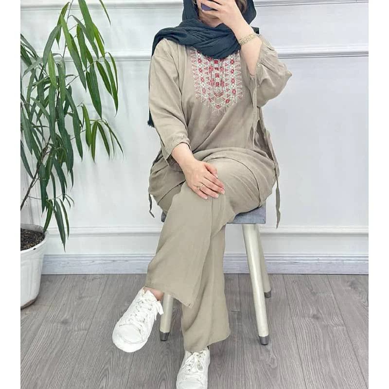 ست تونیک شلوارنخی راحتی قواره بزرگ چاپی_2230