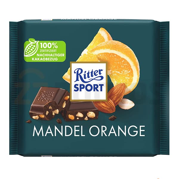 شکلات تخته‌ای تلخ ریتر اسپرت Ritter Sport بادامی و پرتقال ۱۰۰ گرمی