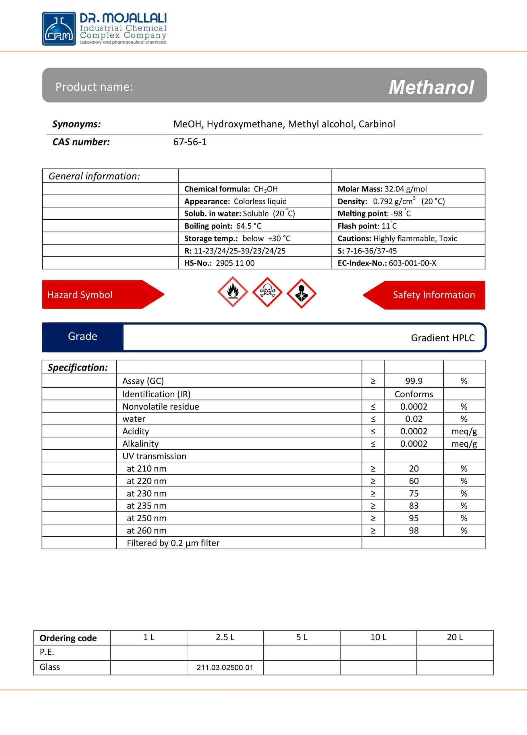 متانول گرید Gradient HPLC | دکتر مجللی — تصویر ۳