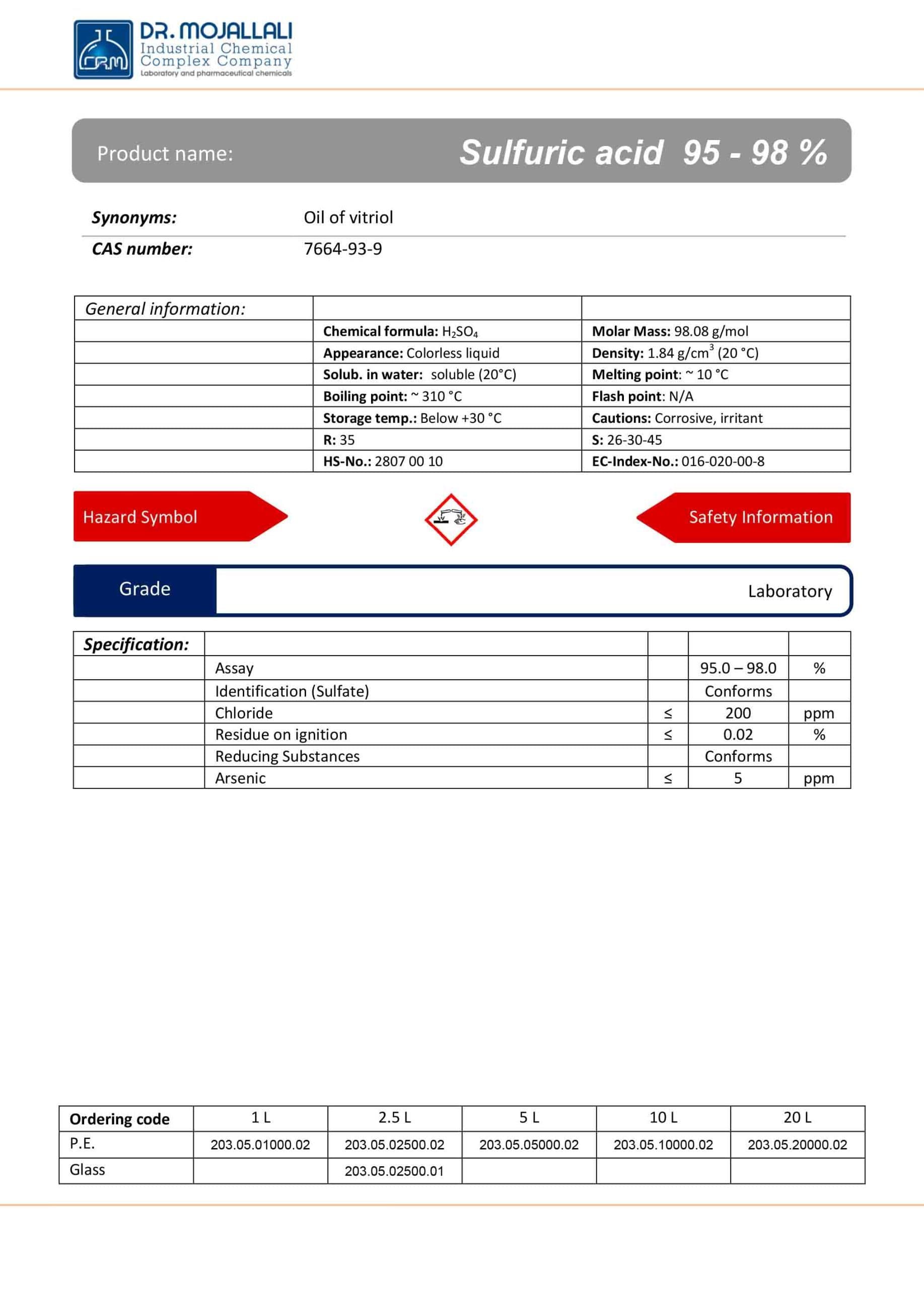 سولفوريک اسید 98% – 95% گرید Laboratory | دکتر مجللی — تصویر ۳