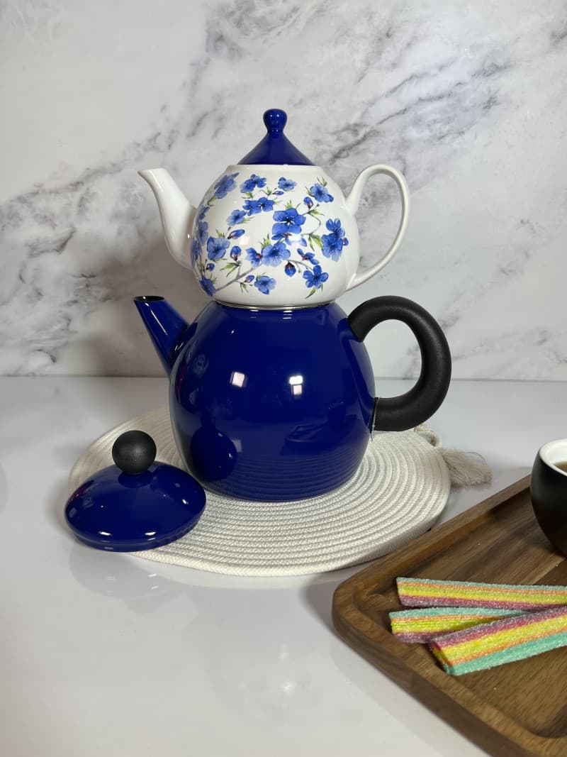 کتری قوری لعاب طرح تایلندآبی 3080