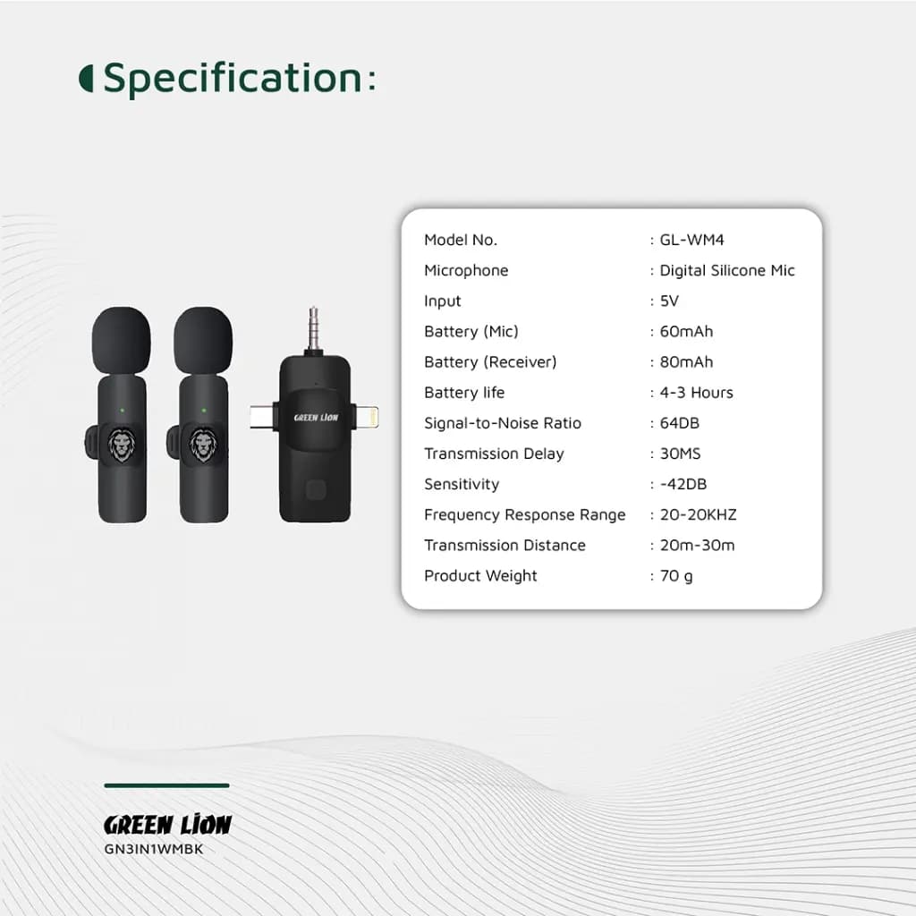 میکروفون یقه ای بیسیم گرین لاین 3 در 1 | اتصال Type-C، Lightning و AUX، صدای شفاف، طراحی سبک و حرفهای — تصویر ۳