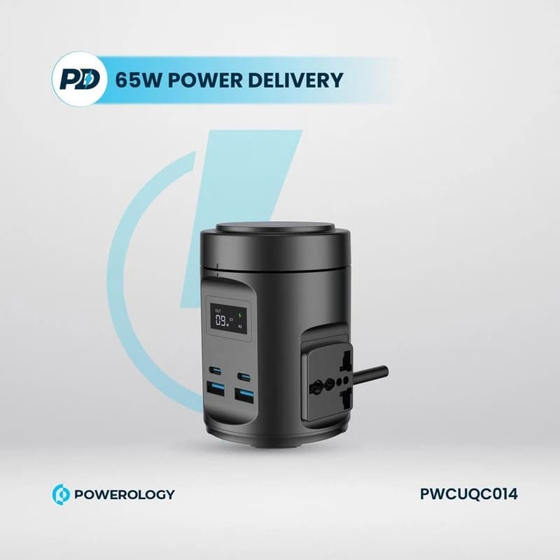 چندراهی برق و شارژر وایرلس پاورولوژی مدل PWCUQC014 با توان 65 وات و پورت‌های USB-C و USB-A — تصویر ۲