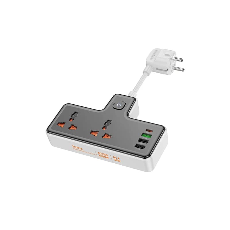 چندراهی برق و شارژر دیواری هوکو AC12A | دو پریز برق، 3 پورت USB-A، یک پورت Type-C، توان 2500W — تصویر ۲