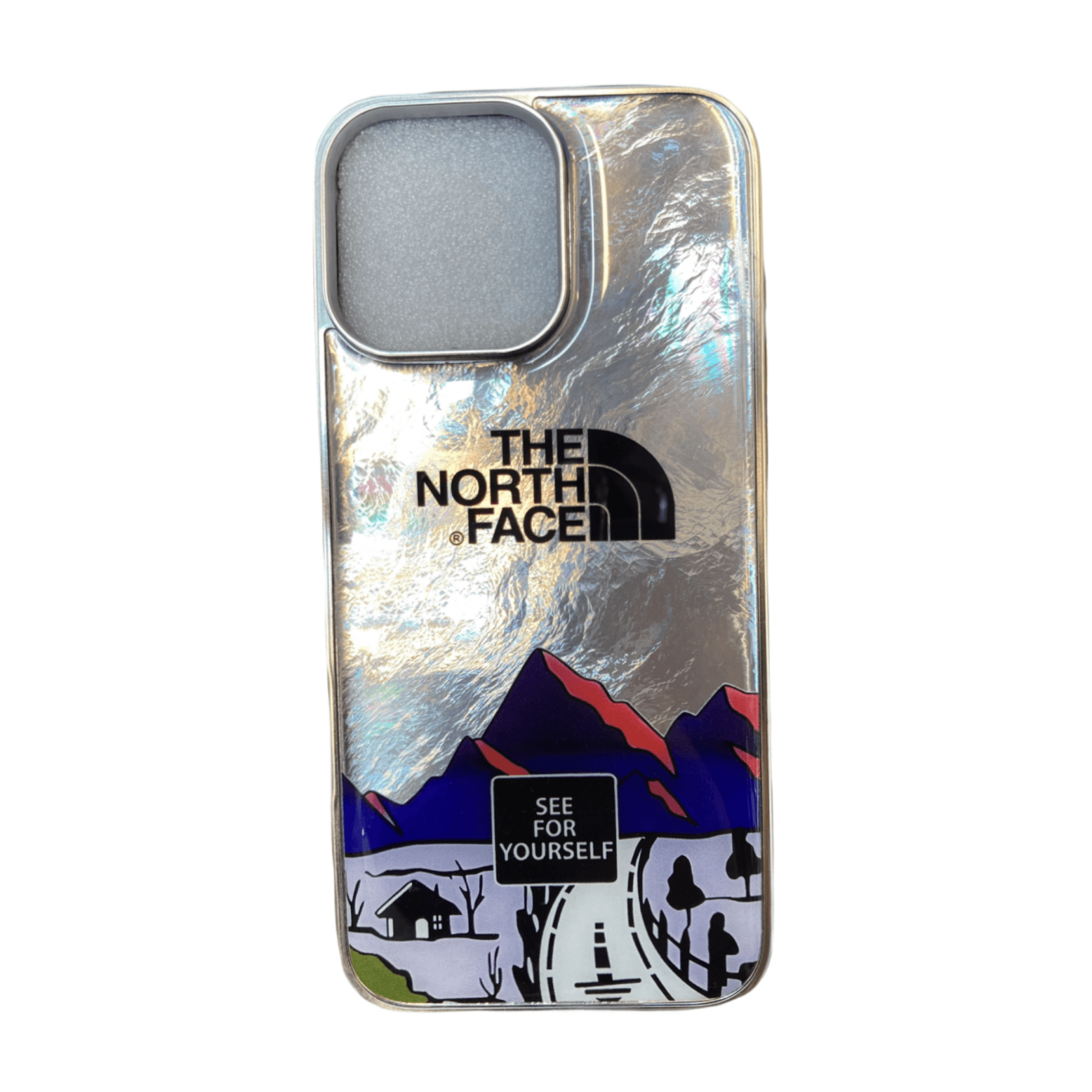 قاب گوشی آیفون طرح North Face خاکستری هولوگرامی — تصویر ۲