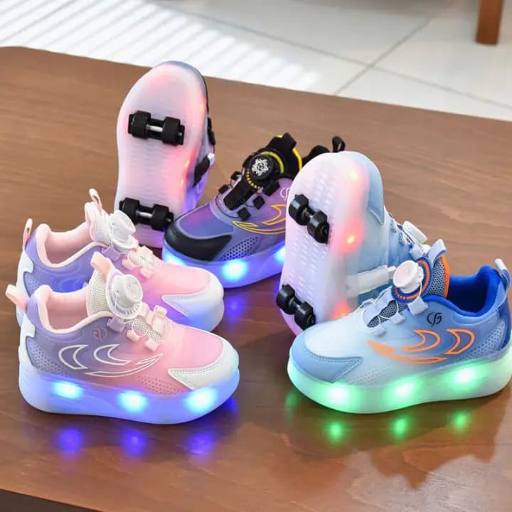 کتونی اسکیت‌دار چراغدار شارژی بچگانه دابل نایکی اورجینال XZLM | کفش چرخ‌دار LED دار سایز 28 تا 37