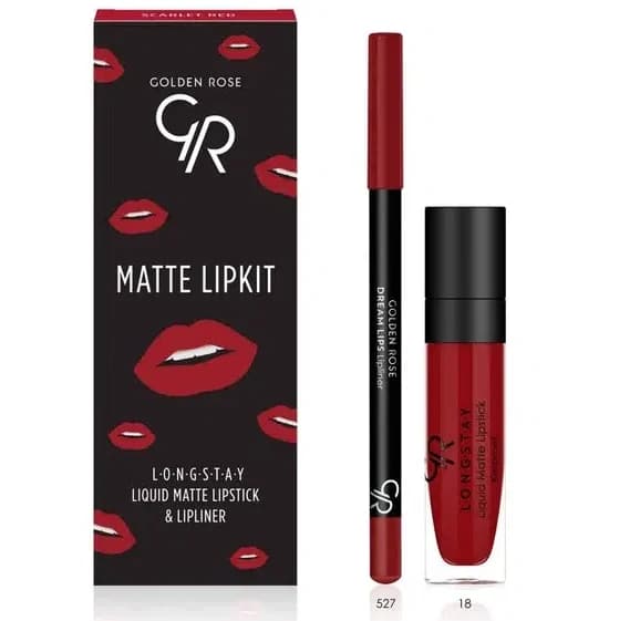 کیت رژ لب مایع و خط لب گلدن رز مدل Scarlet Red