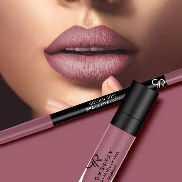 کیت رژ لب مایع و خط لب گلدن رز مدل Blush Pink — تصویر ۴