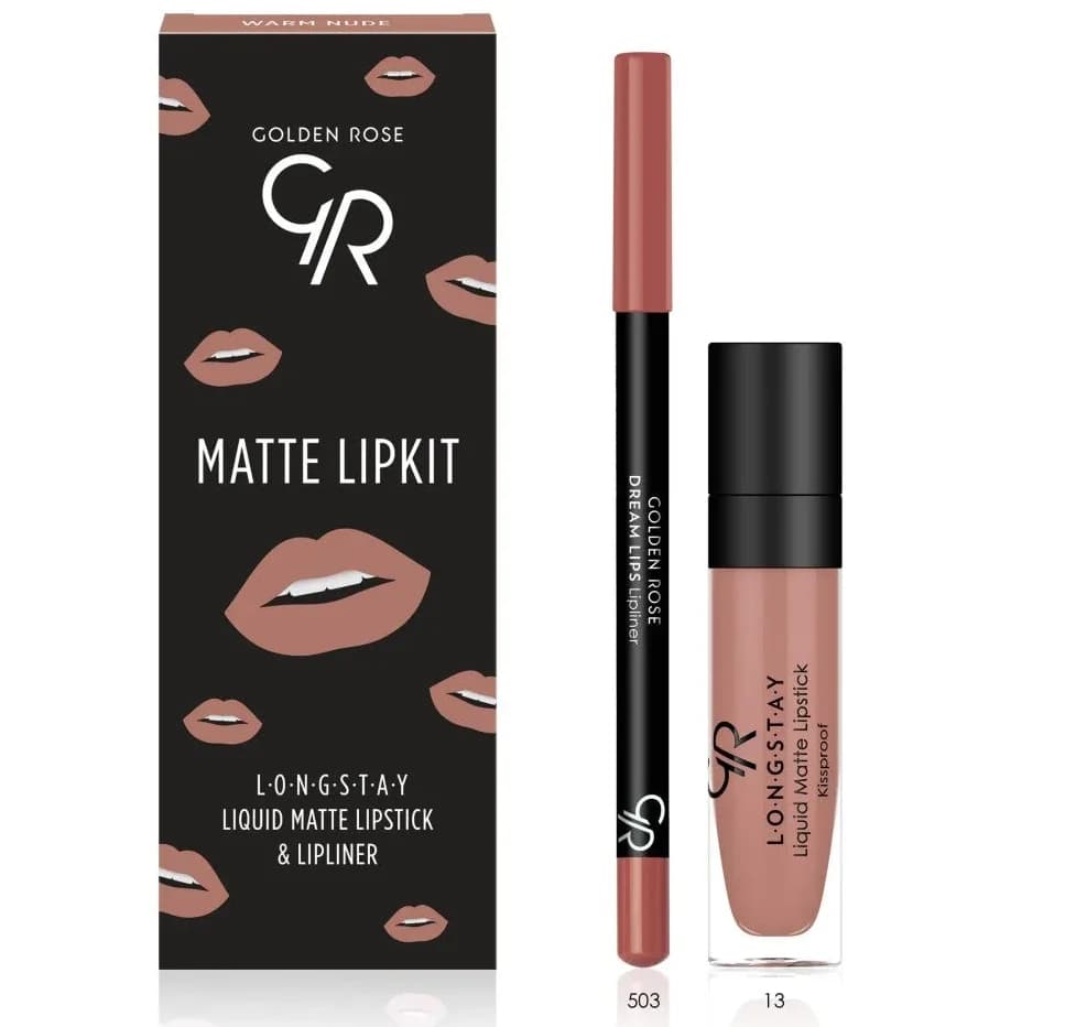کیت رژ لب مایع و خط لب گلدن رز مدل Warm Nude