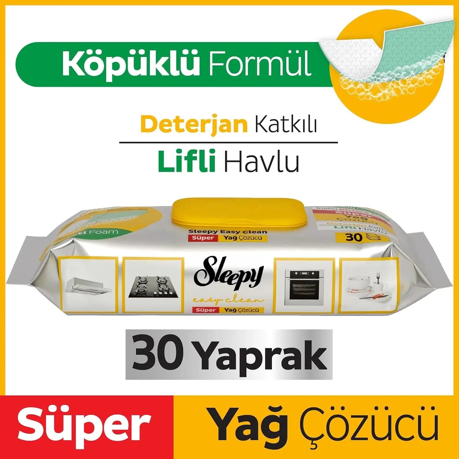 دستمال مرطوب چربی زدا با کف فعال اسلیپی Sleepy مخصوص سطوح آشپزخانه مدل Easy Clean | بسته 30 عددی — تصویر ۳