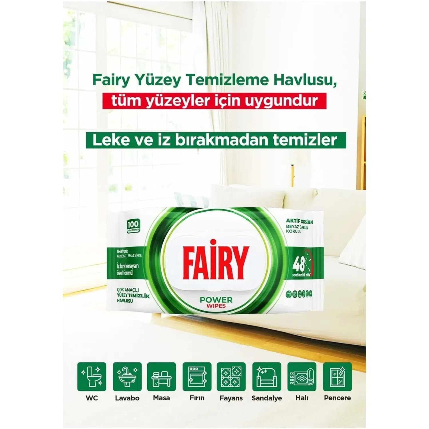 دستمال مرطوب چند منظوره سطوح فیری Fairy مدل Power Wipes | بسته 100 عددی — تصویر ۴