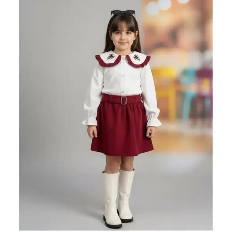 ست شومیز و دامن مخمل کبریتی دخترانه رنگ زرشکی و قهوه ای سایز 4 تا 10 سال — تصویر ۲