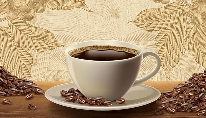 وکتور فنجان قهوه روی میز با دانه قهوه