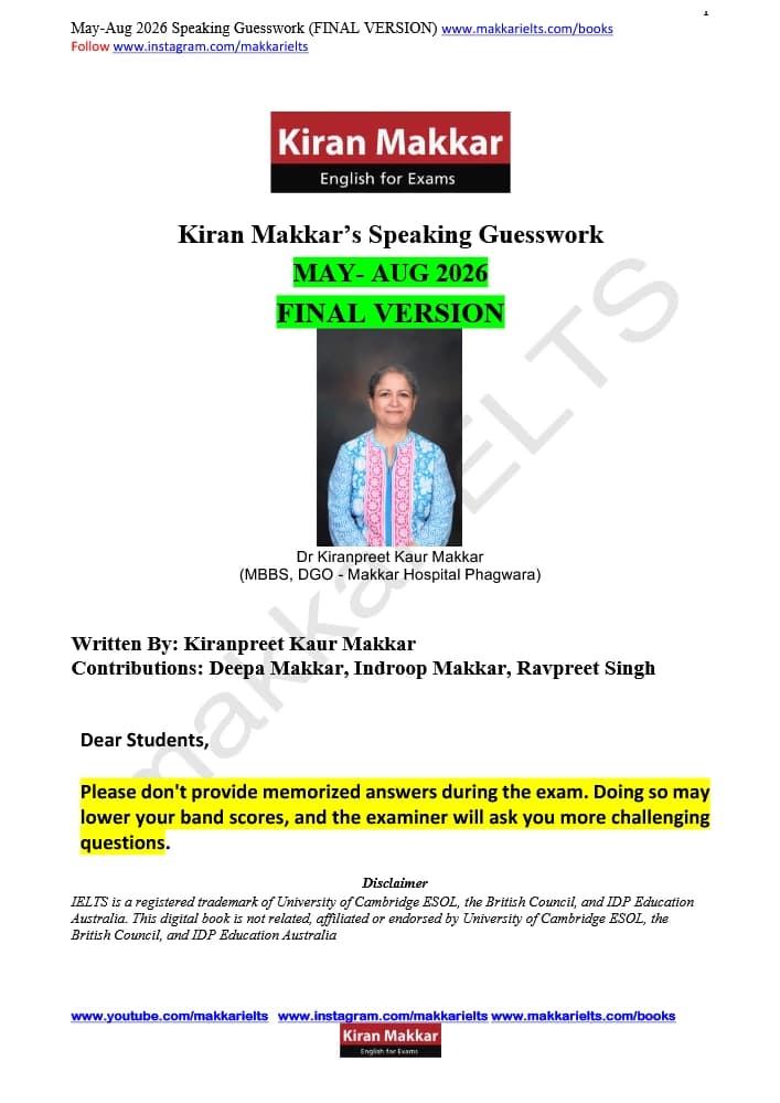 کتاب Makkar IELTS Speaking May to August 2026 | اسپیکینگ آیلتس مکار از مه تا اوت دو هزار و بیست و شش اثر کرن مکار نسخه PDF انگلیسی