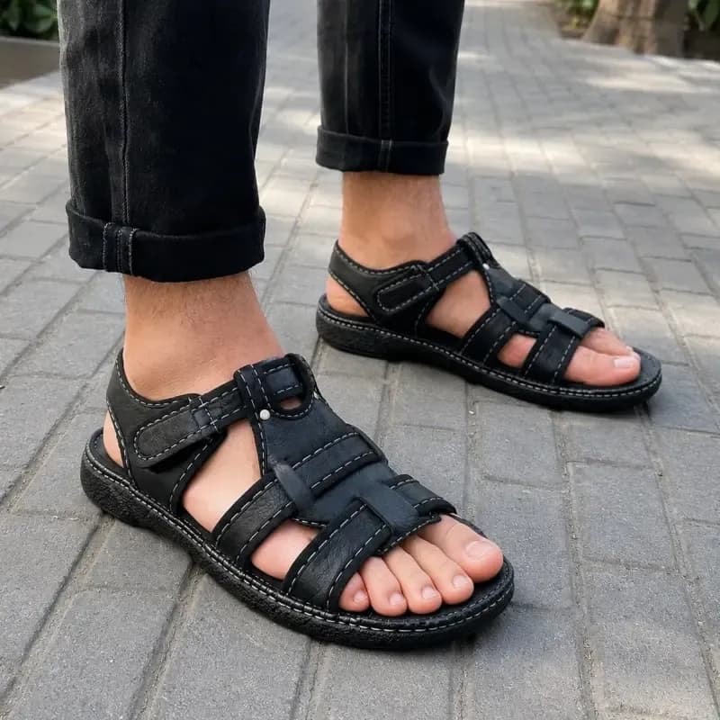 صندل چرم مردانه روزمره رنگ مشکی و قهوهای — تصویر ۴