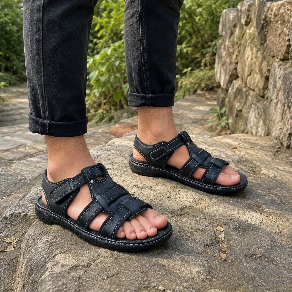 صندل چرم مردانه روزمره رنگ مشکی و قهوهای — تصویر ۵