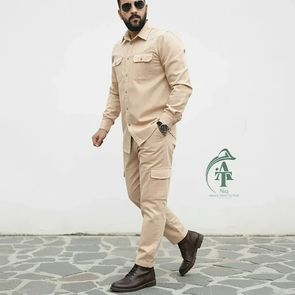 ست پیراهن و شلوار کتان مردانه مدل یاشیل رنگ نخودی — تصویر ۳