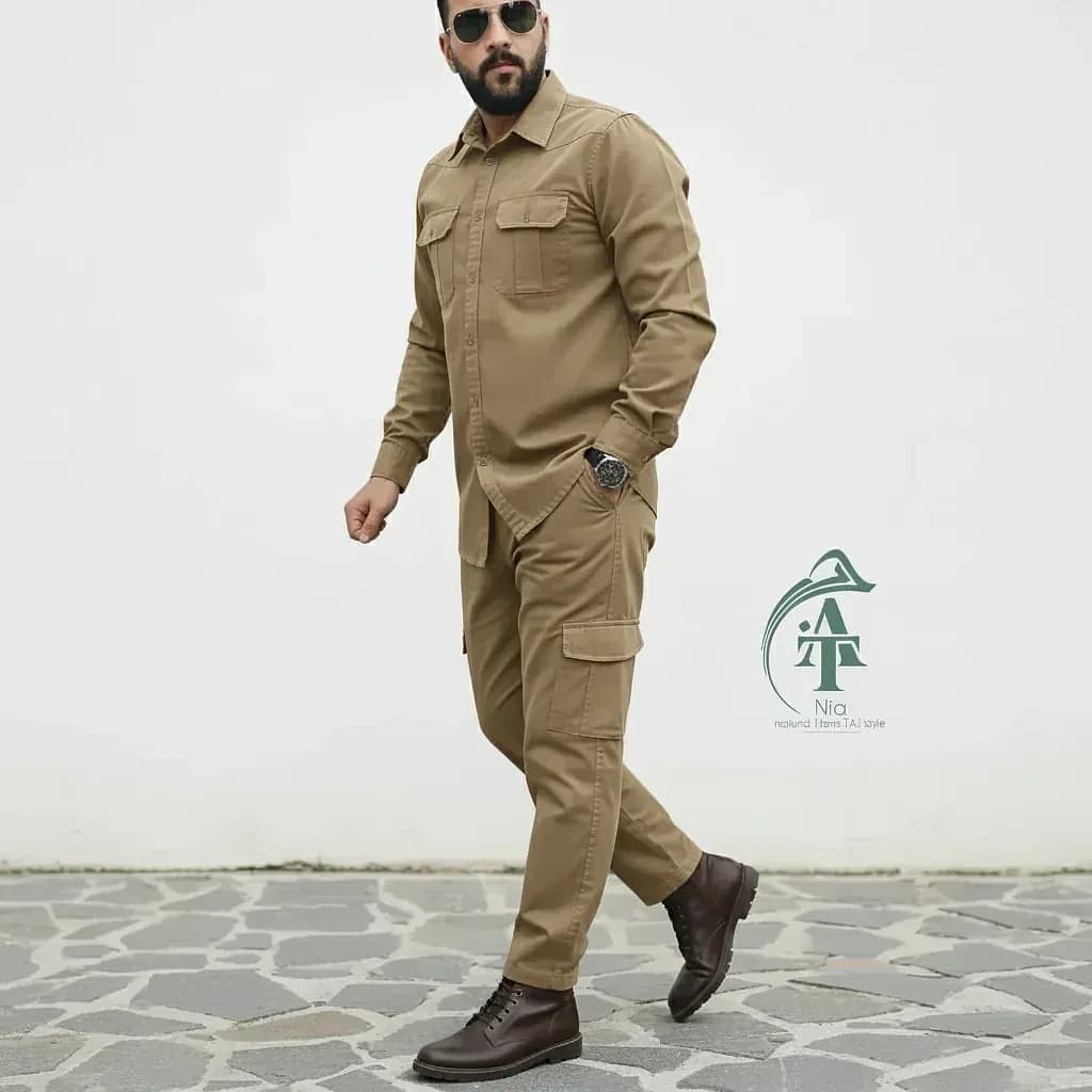 ست پیراهن و شلوار کتان مردانه مدل یاشیل رنگ خاکی — تصویر ۳
