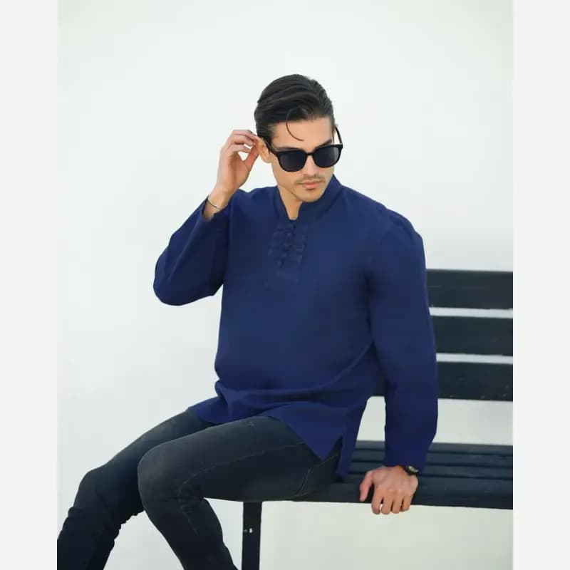 پیراهن مردانه الیاف طبیعی 100 درصد پنبه مدل گره ای رنگ سرمه ای — تصویر ۲