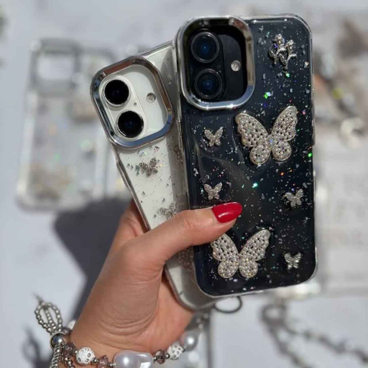 قاب گوشی رزینی پروانه نگینی برای گوشی های آیفون — تصویر ۳