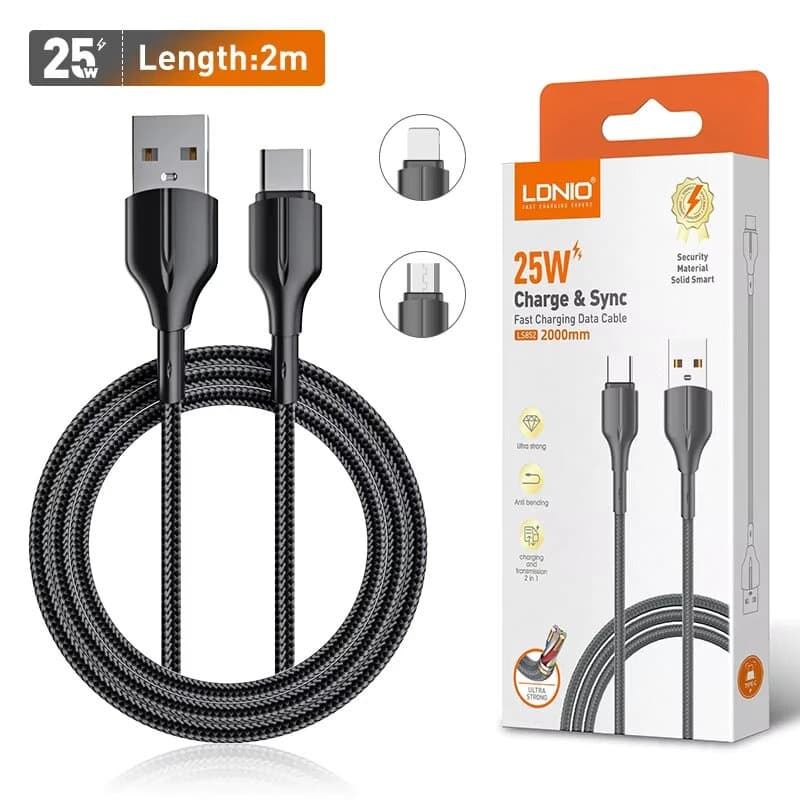 کابل تبدیل USB به USB-C الدینیو مدل LS852 طول 2 متر — تصویر ۳