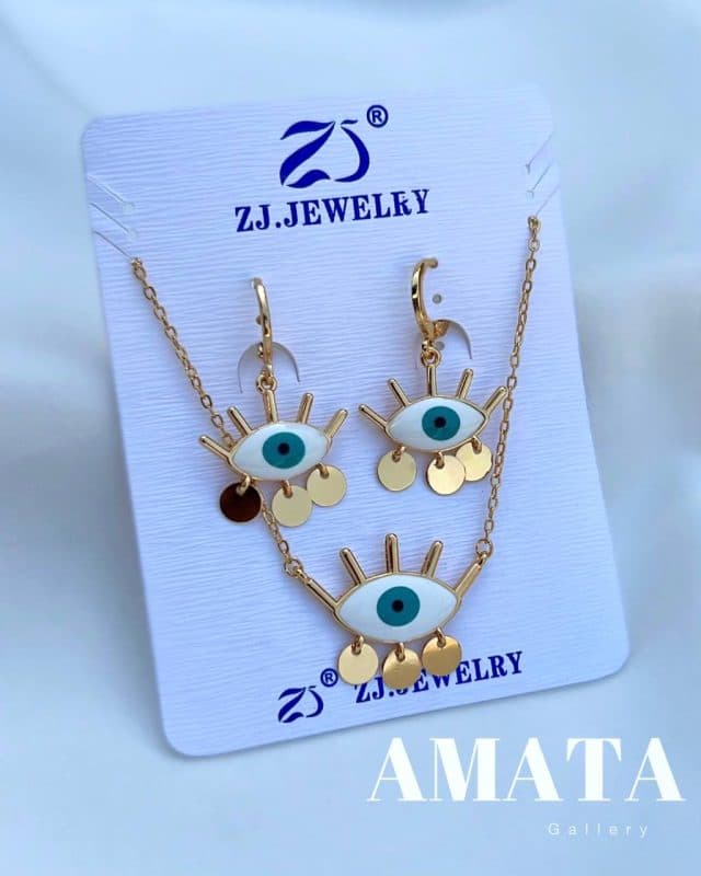 نیمست گردنبند و گوشواره چشمنظر برند ZJ مدل مژه دار