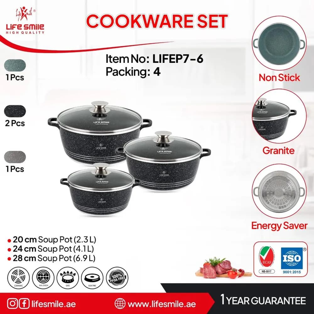 سرویس قابلمه 6 پارچه گرانیتی لایف اسمایل مدل LIFEP7-3 سایز (16/20/24)