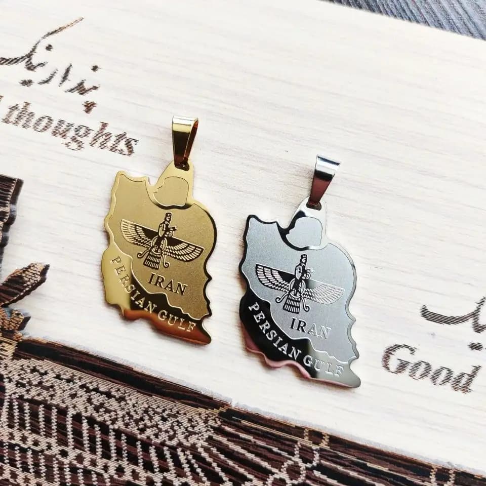 پلاک و آویز گردنبند استیل نقشه ایران و فروهر اهورا مزدا persian gulf ضد حساسیت رنگ ثابت کد amp — تصویر ۲