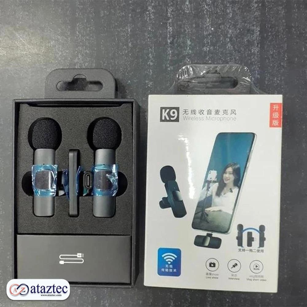 میکروفون بی‌سیم یقه ای دوگانه K9 | اتصال Type-C و لایتینیگ ، با برد 20 متر — تصویر ۳