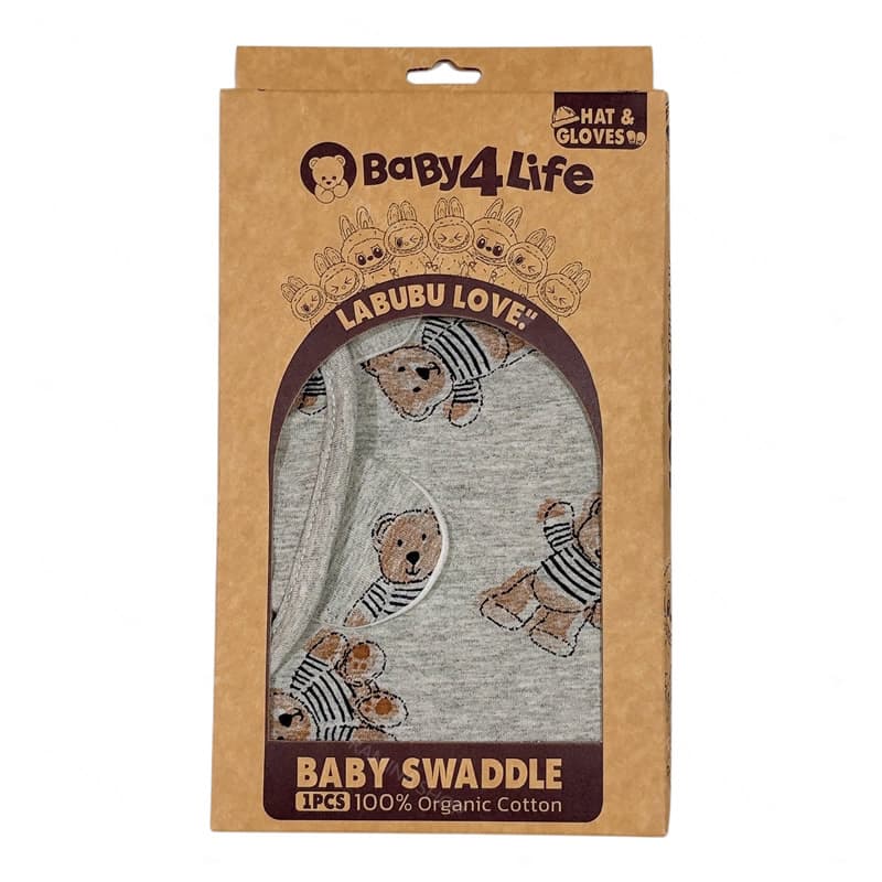 قنداق چسبی به همراه کلاه دستکش نوزادی بیبی فورلایف طرح تدی طوسی baby4life — تصویر ۳
