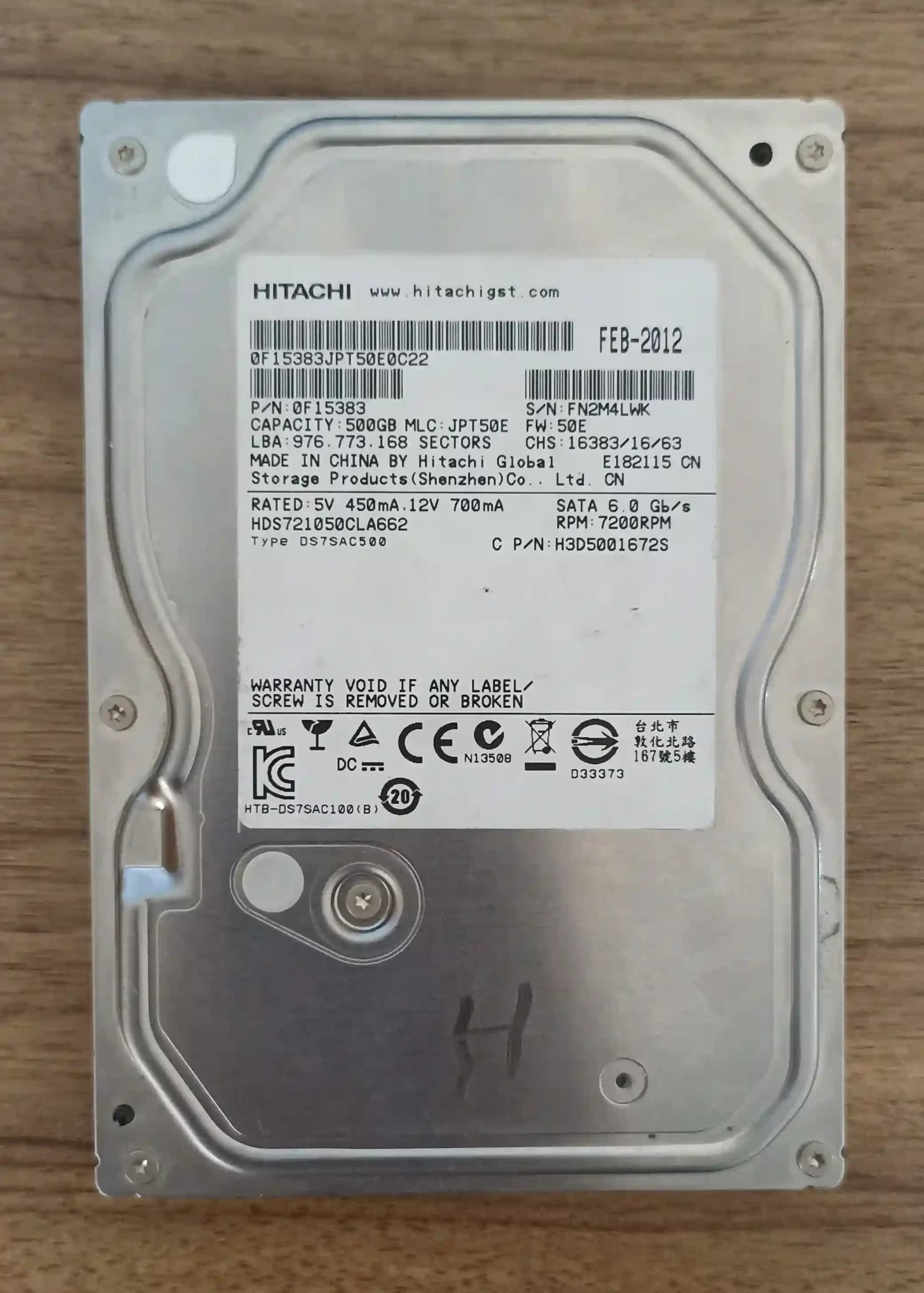 هارد غیر استوک غیر ریفر (روی دستگاهی) هیتاچی 500 گیگابایت Hitachi Deskstar HDS721050CLA662 500GB HDD — تصویر ۲