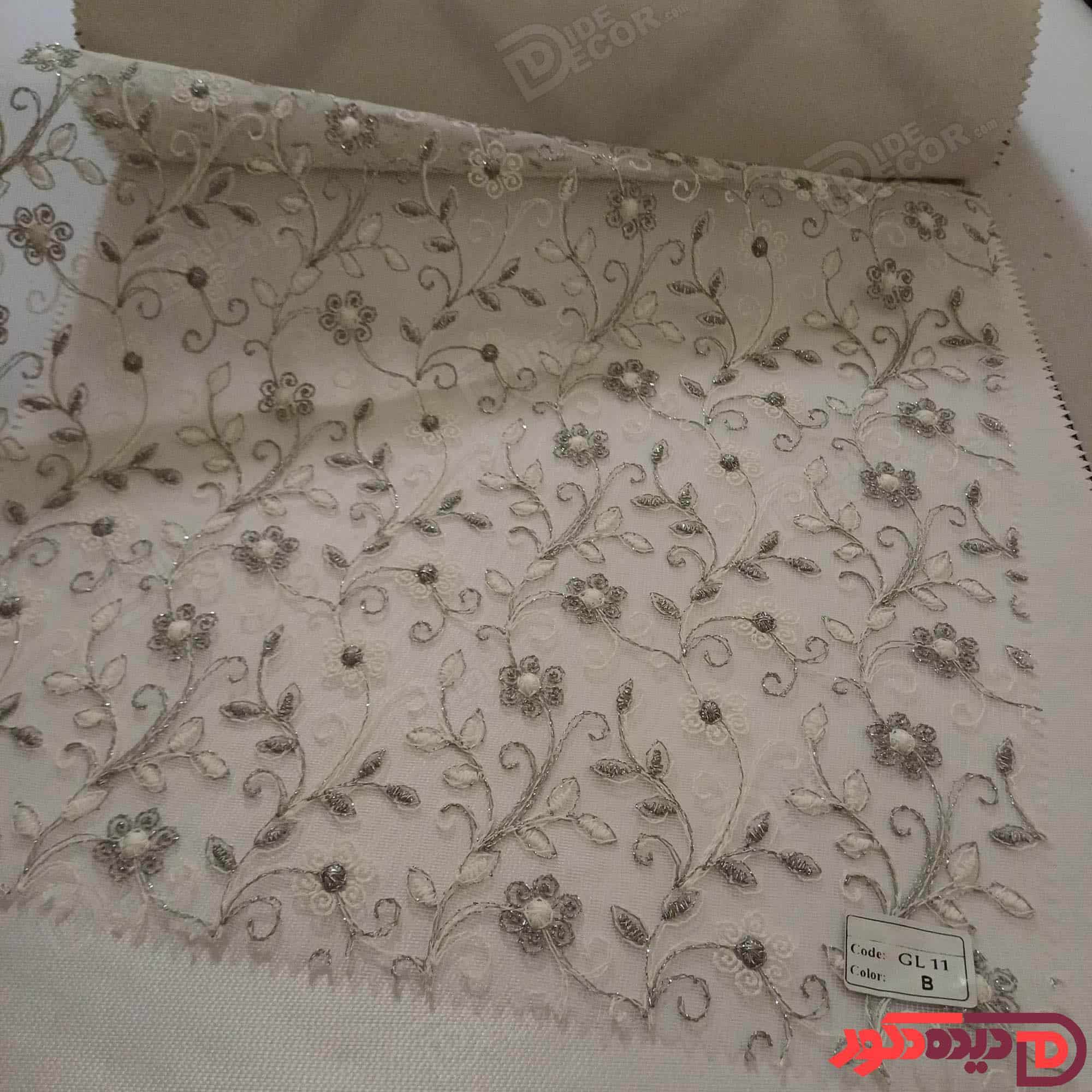 پرده شب و روز گلدوزی برجسته طوسی سفید کد GL11B — تصویر ۲
