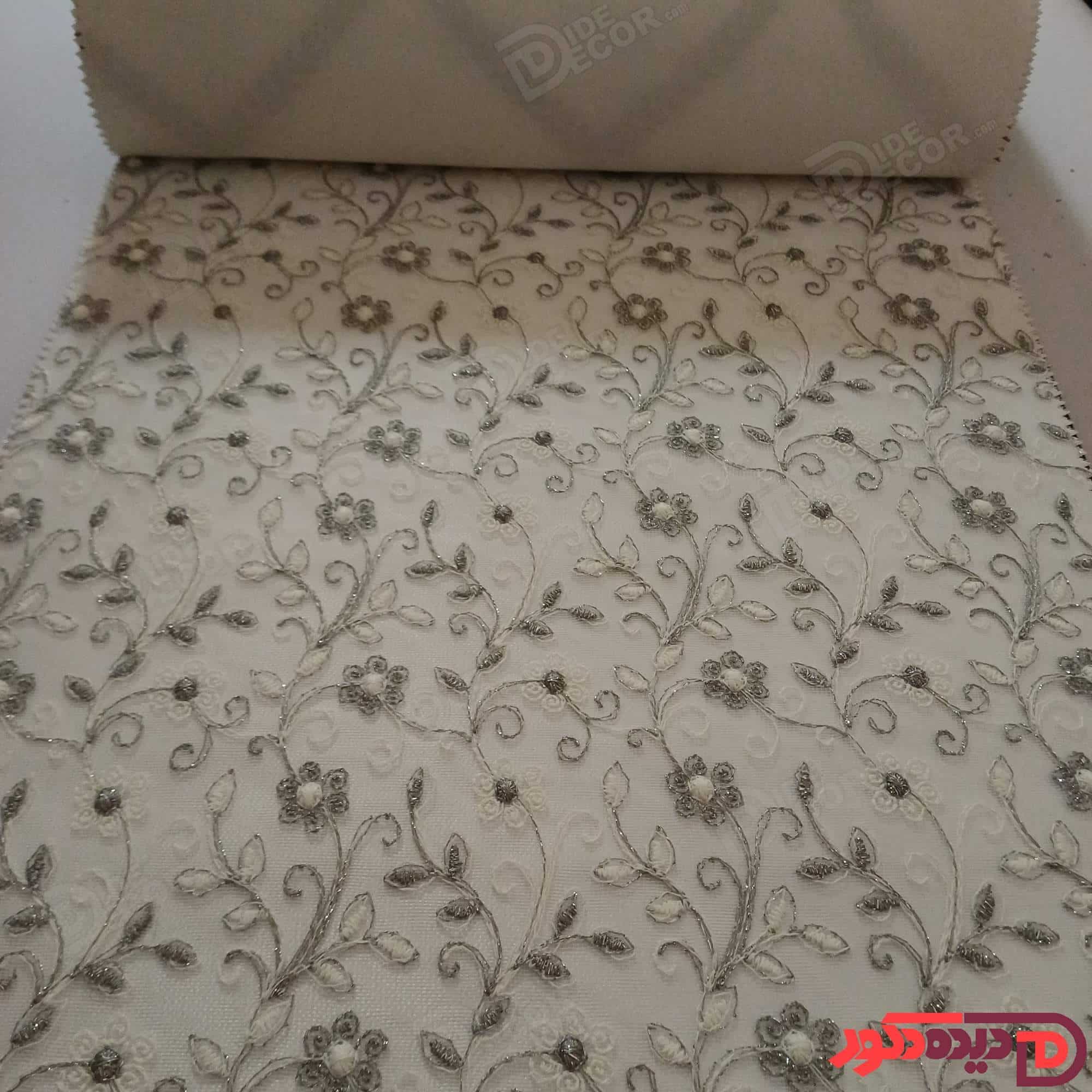 پرده شب و روز گل‌دوزی برجسته طوسی سفید کد GL11B