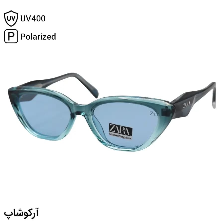 عینک آفتابی زنانه ZARA با فریم چشم گربه‌ای، رنگ سبز کله غازی، دسته سیم‌دار، لنز آبی تیره و پلاریزه مدل 66525