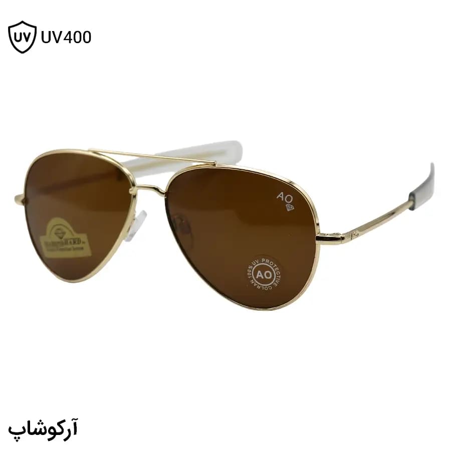 عینک آفتابی American Optical با فریم خلبانی، رنگ طلایی براق، عدسی جنس سنگ (شیشه) و قهوه‌ای تیره مدل AO-1004