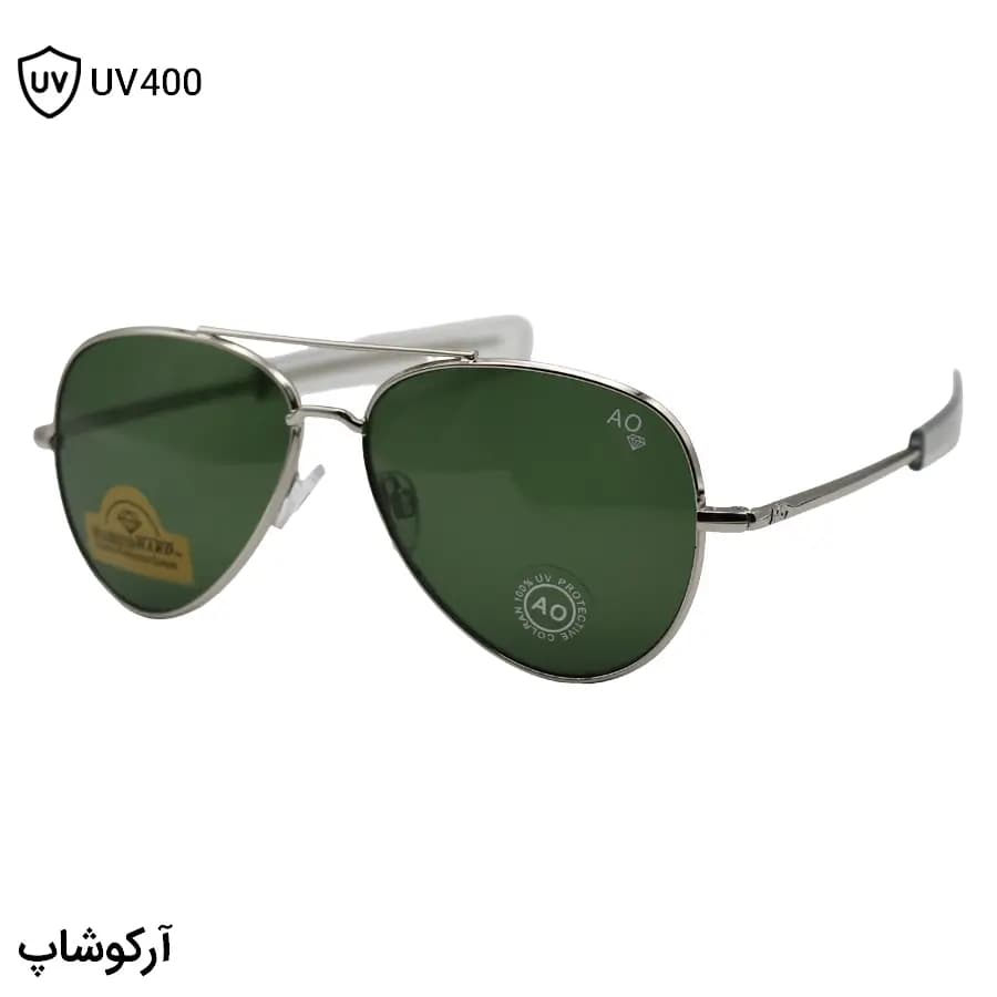 عینک آفتابی امریکن اپتیکال با فریم خلبانی، رنگ نقره‌ای براق، عدسی جنس سنگ (شیشه) و سبز تیره مدل AO-1004