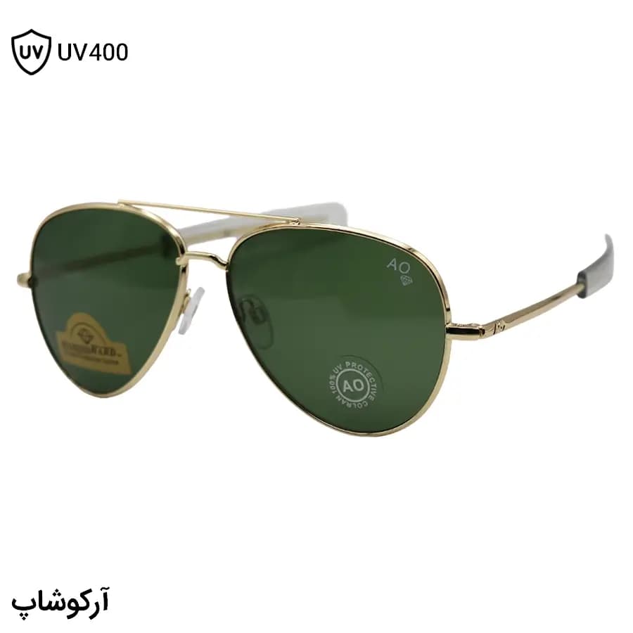 عینک آفتابی American Optical با فریم خلبانی، رنگ طلایی براق، عدسی جنس سنگ (شیشه) و سبز تیره مدل AO-1004