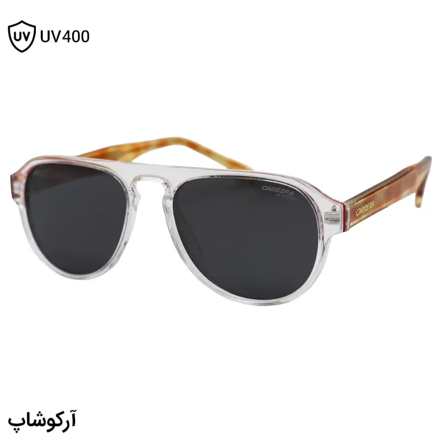 عینک آفتابی Carrera با فریم شکل خلبانی، رنگ شفاف و بی‌رنگ، دسته سیم‌دار و قهوه‌ای و لنز دودی تیره و پلاریزه مدل 581003