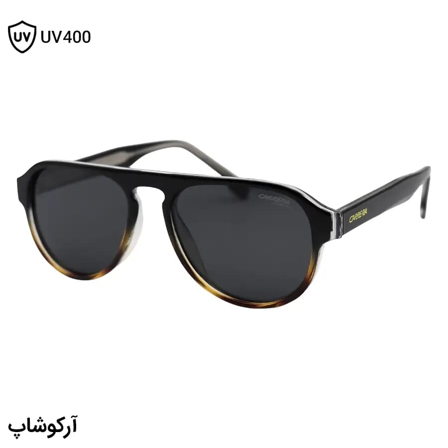 عینک آفتابی Carrera با فریم شکل خلبانی، رنگ مشکی و قهوه‌ای، دسته سیم‌دار و لنز دودی تیره و پلاریزه مدل 581003