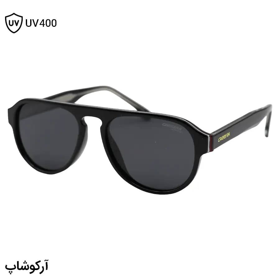 عینک آفتابی Carrera با فریم شکل خلبانی، رنگ مشکی براق، دسته سیم‌دار و لنز دودی تیره و پلاریزه مدل 581003
