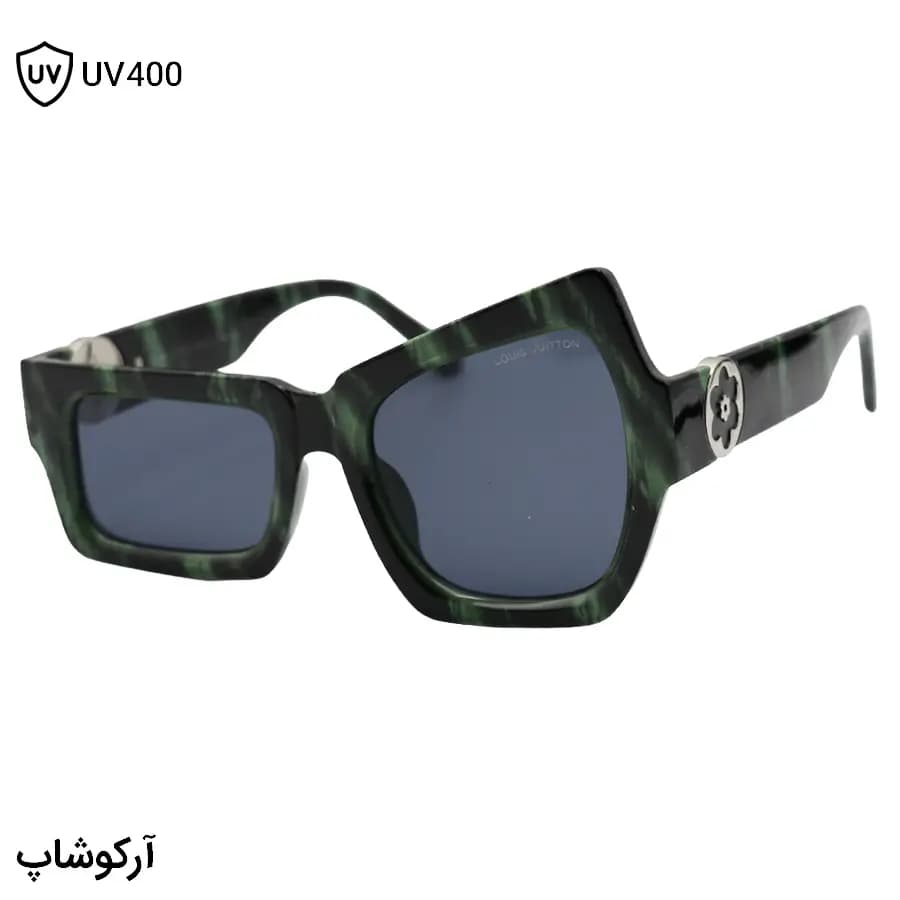 عینک آفتابی لویی ویتون با فریم فانتزی و خاص، رنگ مشکی و سبز براق و عدسی دودی تیره مدل 96009
