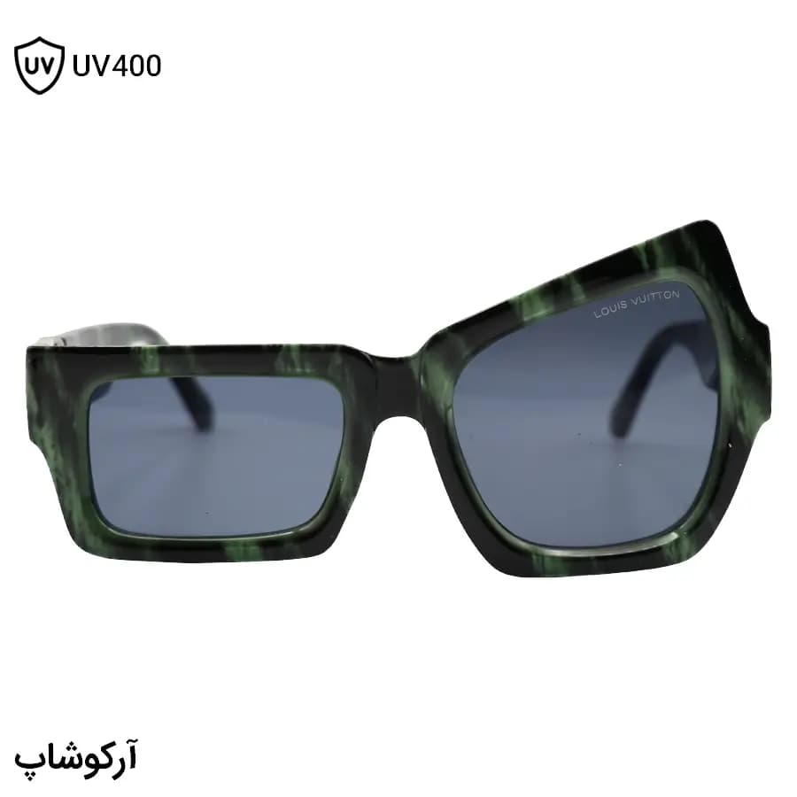 عینک آفتابی لویی ویتون با فریم فانتزی و خاص، رنگ مشکی و سبز براق و عدسی دودی تیره مدل 96009 — تصویر ۳