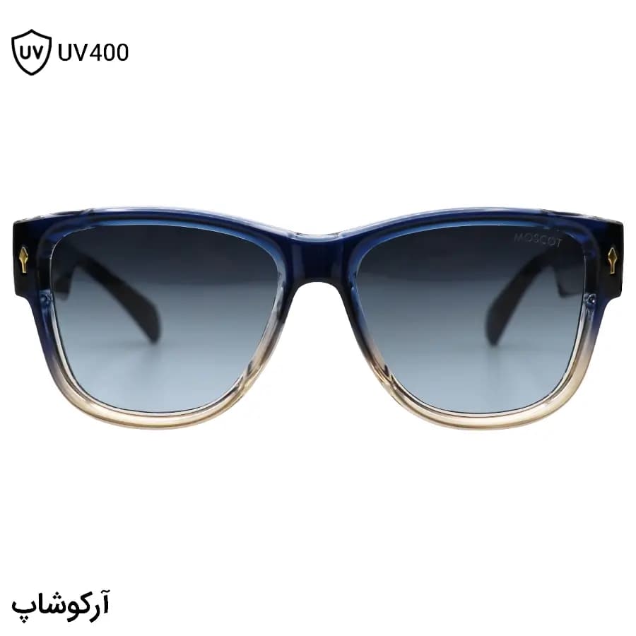 عینک آفتابی Moscot با فریم آبی و قهوه‌ای، شکل ویفرر سایز بزرگ، دسته سیم‌دار و لنز دودی سایه روشن مدل 1202 — تصویر ۳