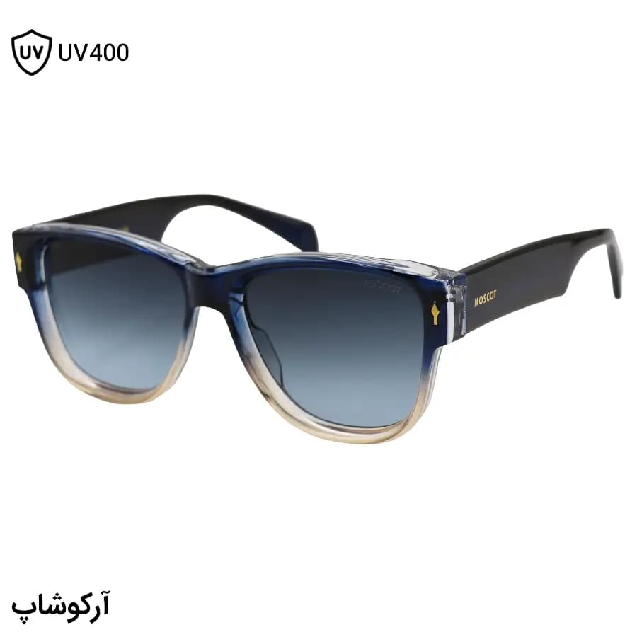 عینک آفتابی Moscot با فریم آبی و قهوه‌ای، شکل ویفرر سایز بزرگ، دسته سیم‌دار و لنز دودی سایه روشن مدل 1202