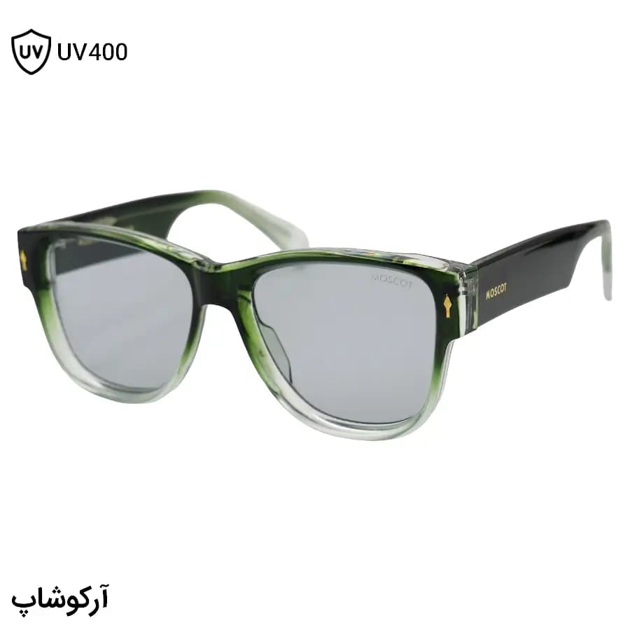 عینک آفتابی Moscot با فریم سبز رنگ، شکل ویفرر سایز بزرگ، دسته سیم‌دار و لنز دودی روشن مدل 1202