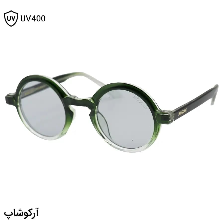 عینک آفتابی موسکات با فریم سبز براق، شکل گرد و دایره‌ای، دسته سیم‌دار و لنز دودی روشن مدل 1206